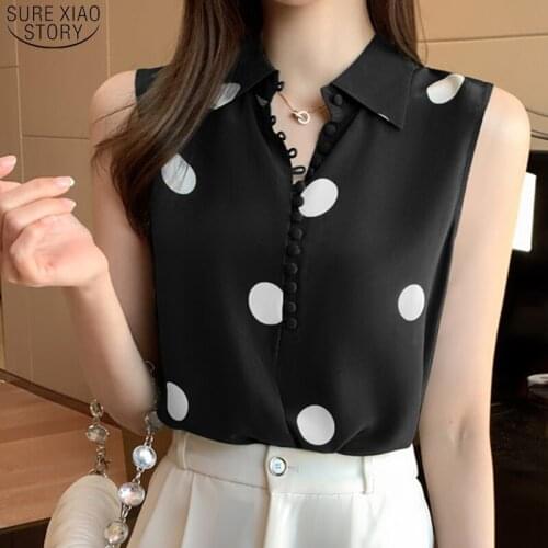 Casual Printing Polka Dot 2021 Summer Sleeveless Shirt Woman Button Turn Down Collar Female Blouse Blusas Women Clothing 14452