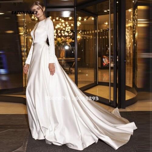 Full Sleeves Satin Wedding Dresses Elegant Illusion O-Neck A-Line Princess Mariage Bridal Gowns Sweep Train Vestidos De Novia