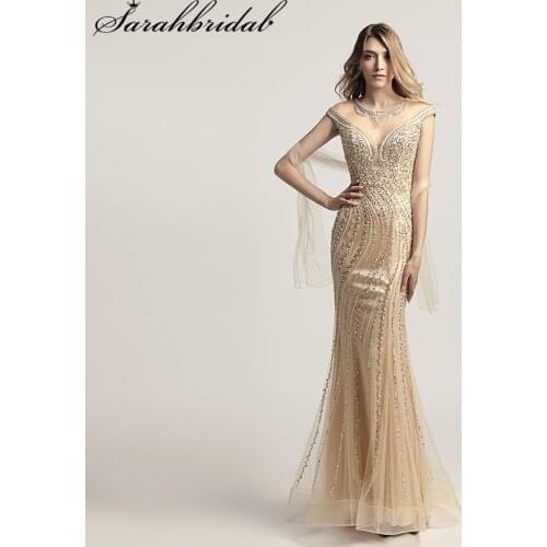 In Stock Sparkle Evening Gowns Scoop Sleeveless Trumpet Prom Party Dresses Illusion Sequins Pearls Floor Length Vestidos LX469