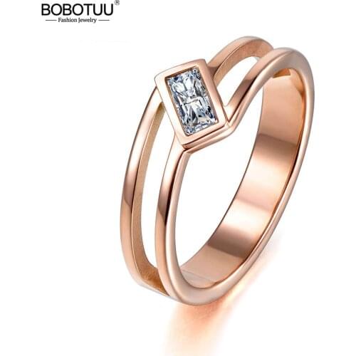 BOBOTUU Brand New Style Exquisite Stainless Steel Ring Jewelry For Women Rose Gold Color Cubic Zirconia Wedding Rings BR17164