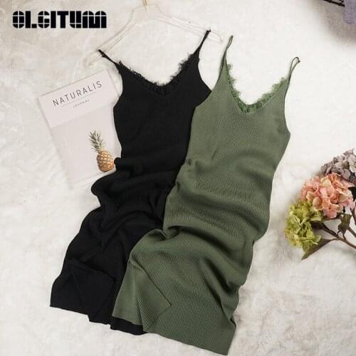 Women Spaghetti Strap Dress 2020 Summer V-Neck Lace Patchwork Knitted Dress Split High Waist Bodycon Tank Vestidos Mujer