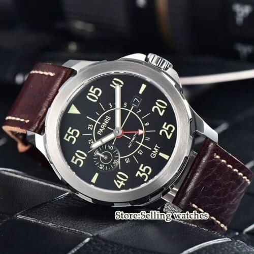 44mm Parnis SS Case Leather Luminous GMT Waterproof Mechanical Automatic Mens Watch