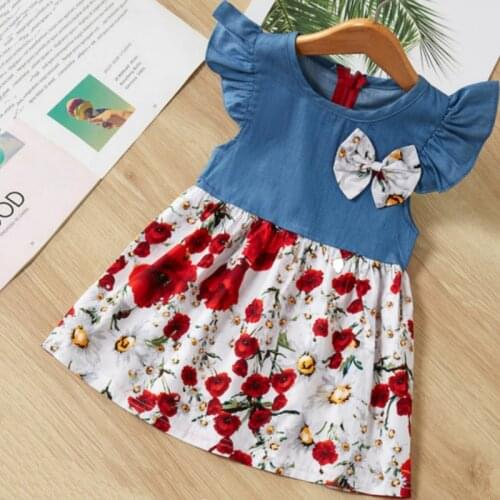 Kids Clothes Dress 2020 Summer Cotton New Girl Flying Sleeve Denim Bow Tie Stitching Dress Cotton Lace Childrens Princess Dress