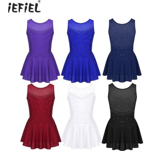 Kid Girls Sleeveless Lyrical Dance Costumes Sparkly Rhinestone Tutu Ballet Dress Figure Ice Skating Roller Skating Leotard Dress