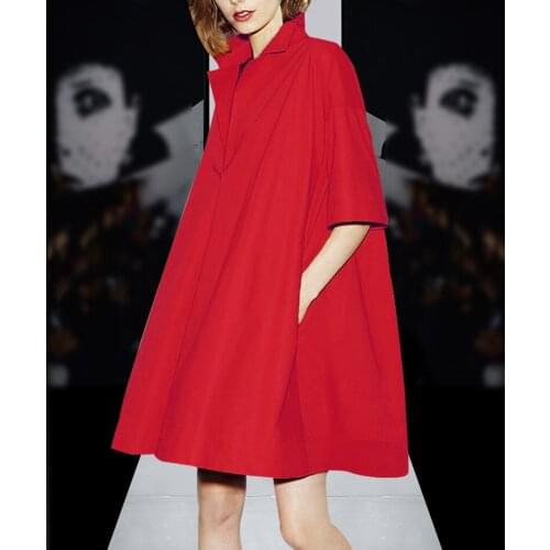 Hot Selling Summer Autumn Red Cotton Dress Women 2017 Causal Work Office Dress Loose Half Knee-Length Dress