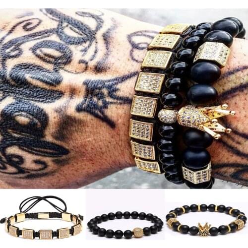 KEJIALAI 2018 Men Bracelet Set New Brand Imperial Crow Charm Bracelet Zircon Matte Square Shape Beads Women Jewelry Gift SPC