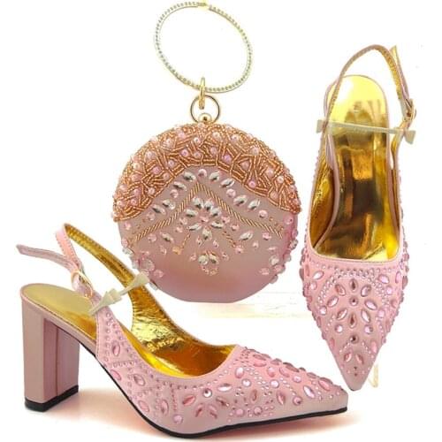 Hot sale pink women pumps with nice crystal style african dress shoes match purse set MD012,heel 9CM