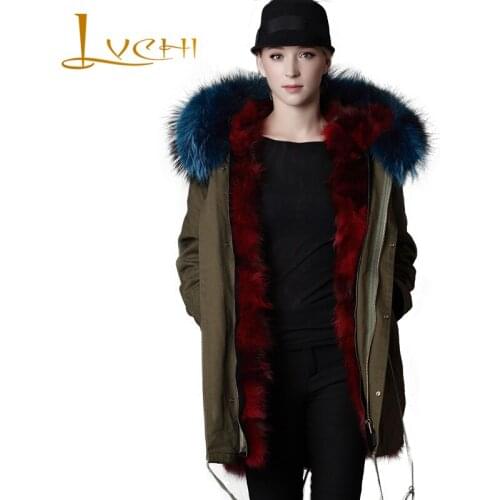 LVCHI 2019 winter new Female Parker Natural Fox fur Coats SHUBA Casual soft Fox lining Military style genuine warm Collar hood