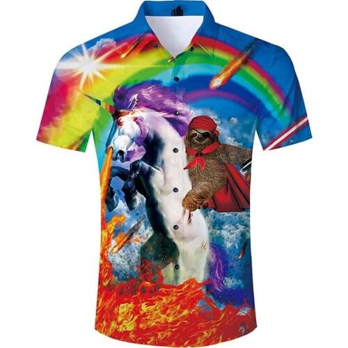 2021 Summer Harajuku Short sleeve Shirts Sloth Riding Unicorn Funny 3D Printed Hawaiian Shirt Mens Harajuku Casual Shirt