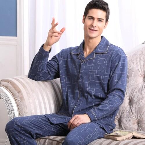 Mens Pajamas Long Sleeves Plus Size Top Pant Set Adult Cotton Homewear Male Pyjama Sleepwear Mens Pajamas Men Nightwear D-2200