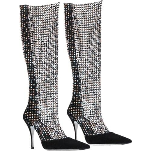 2021 autumn new mesh hollow pointed toe banquet stage stiletto heel womens sandals sexy versatile rhinestone fashion boots