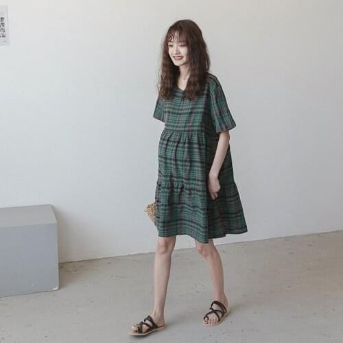 2019 New Summer Maternity Short Sleeve Plaid Dresses Pregnancy Loose Casual Ruffles Fresh Dresses Fashion Pregnant women Clothes