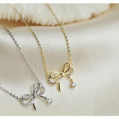 Utimtree 925 sterling silver Bling Cubic Zircon Stone Bowknot Chokers Necklaces for Women Jewelry Clavicle Pendants Necklace