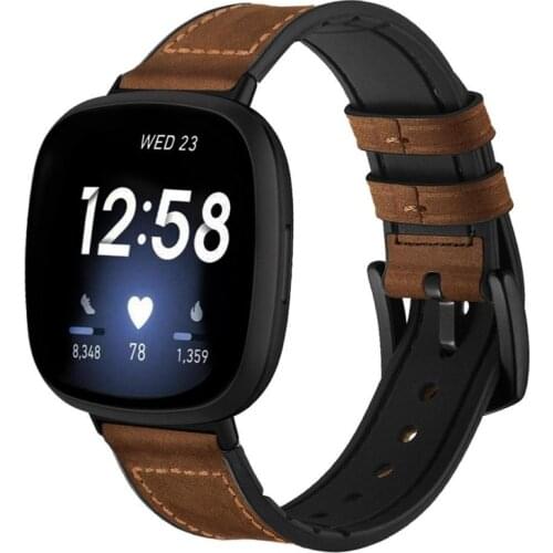 Genuine Leather Watch Strap for Fitbit Versa 3 Leather hybrid Silicone Wristband with Stainless Steel Clasp for Fitbit Sense