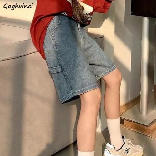 Women Shorts Solid Denim Trousers Knee-length Loose Casual Teen Retro Vintage All-match Bf Style High Street Streetwear Harajuku