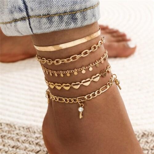 Modyle 2020 New Punk Vintage Gold Color Heart Key Bohemian Crystal Sequins Anklet for Woman Snake Chain Beach Barefoot Jewelry