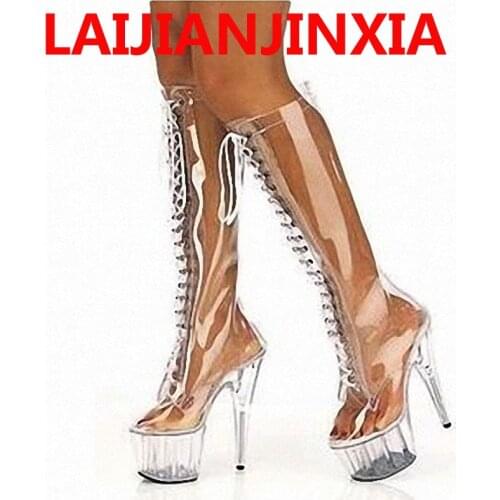 15cm front strap high-heeled shoes sexy transparent fun womens shoes Very hot sales boots high fashion boots sexy shoes
