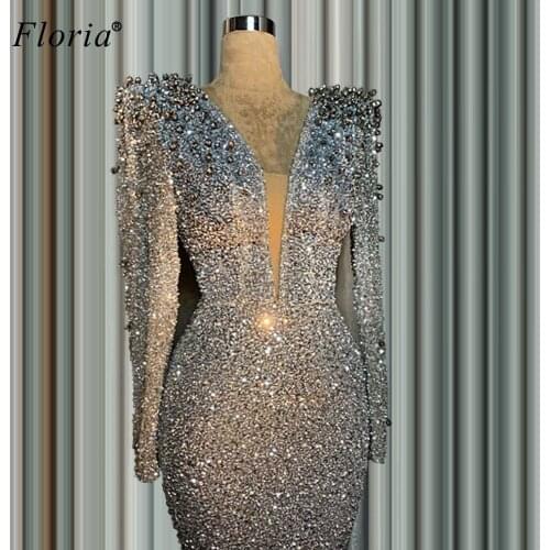 2020 Silver Glitter Formal Evening Dresses Long Mermaid Dubai Muslim Sequins Robe De Soiree Pearls Women Cocktail Gowns Party