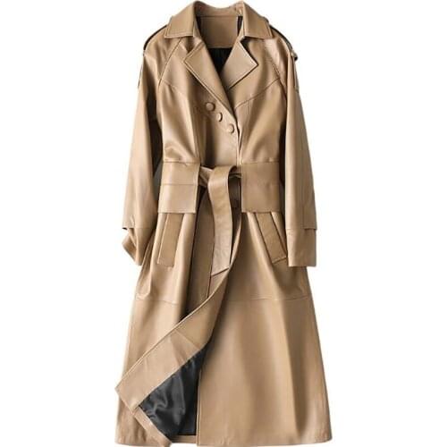 Khaki Long Knee Windbreaker A-line Style Womens Real Leather Coat 100% Genuine Leather Sheepskin Jacket With Belt