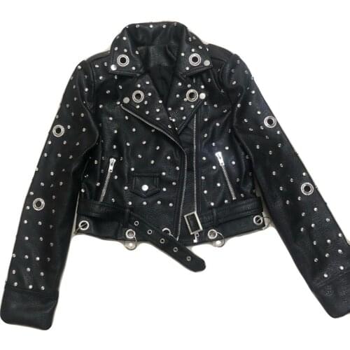 Rivet beading soft pu leather coats Women metal ring stiting pu Leather Jacket Punk Rock Cropped Jackets faux leather coat F2192