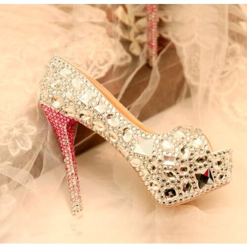 Luxury crystal Peep toe Women wedding shoes super high heels Fish Toe fashion shoes woman High heels real leather Platform shoe