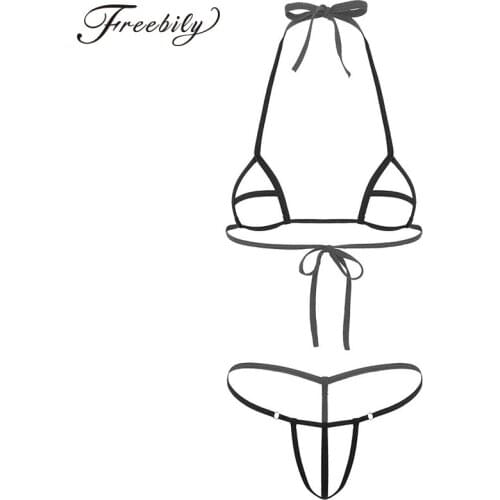 Womens Mini Erotic Hollow Out Bikini Lingerie Set Adult Halter Tie-on Open Cups Bra Top with Crotchless Briefs Thong Underwear