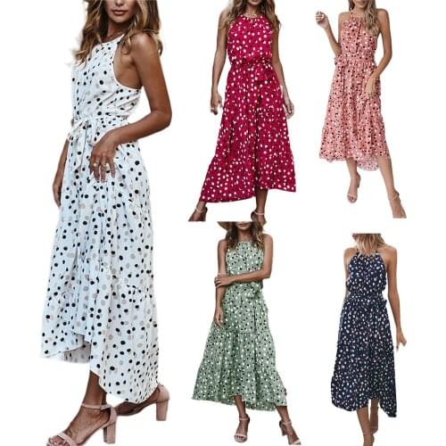 Women Long Maxi Dress Boho Summer Stylish Sleeveless Dots Print Dress V-neck Dress for Ladies Female Casual Loose Beach Dress