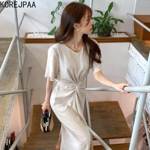 Korejpaa Women Dress 2021 Summer Korean Chic Retro Niche Round Neck Design Cross-Knot Lace-Up Waist Short-Sleeved Split Vestidos