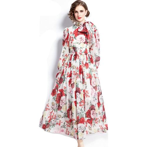2021 Autumn Holiday Beach Flower Maxi Dress Women Long Sleeve Bow Belt Floral Print Elastic High Waist Chiffon Party Vestidos