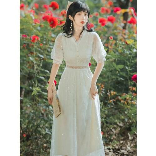New Summer Vintage Gentle Fairy Lace Temperament Puff Sleeve Long Dress V-neck Short Sleeve Designer Princess Party Dress