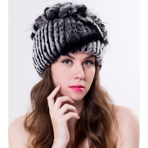 Winter beanies fur hat for women knitted rex rabbit fur hat with fox fur flower top free size casual womens hat