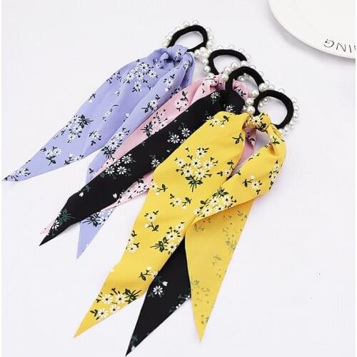 1Pc New Bow Streamers Pearl Hair Ring Fashion Ribbon Girl Hair Bands Scrunchies Horsetail Tie Solid Headwear Hair Acce