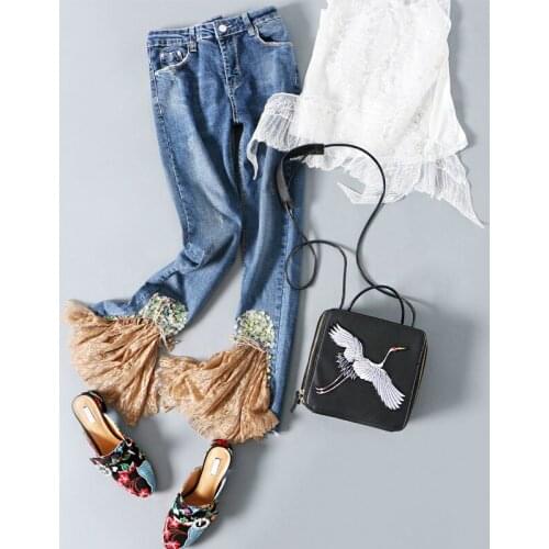 2018 Women Fashion Lace Splicing Jeans Long Pencil Pants Sexy Skinny Rhinestone Sequins Jeans for Office Lady