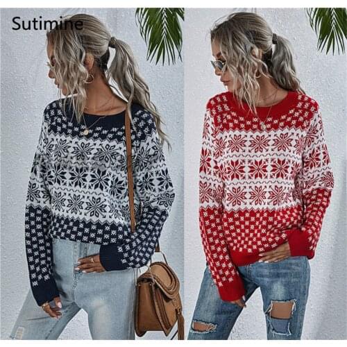 2021 Christmas Sweater Women Snowflake Knitting Loose Christmas Long-sleeved Round Neck Knitted Pullover Woman Jumper Sweaters