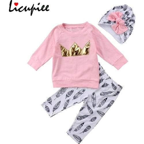 Toddler Kids Baby Girls Clothes Long Sleeve Crown Pullover Tops T-shirt +feather Print Pants Bow Hat 3pcs Clothing Set 1-4 Years