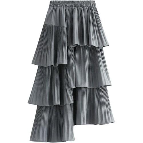 Asymmetrical Pleated Cake Skirts Womens Autumn Spring Solid Mid-length Sexy Irregular Patchwork Skirt For Women