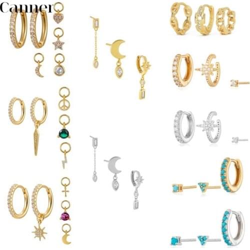 CANNER 3pcs/set 925 Sterling Silver Small Hoop Earring Simple Round Circle Zircon Crystal Star Moon Earrings For Women Jewelry