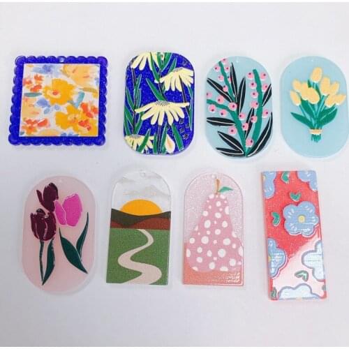 DIY Jewelry Accessories Acrylic Resin Geometric Flower Embossed Printing Charms 30pcs Floral Art Fashion Necklace Pendants