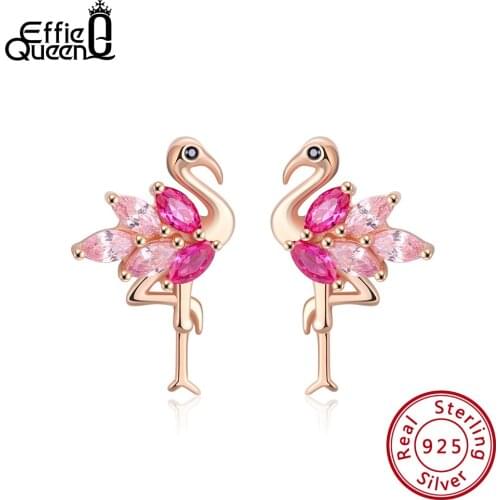 Effie Queen 925 Sterling Silver Earrings Women Flamingo Bird Stud Earring Small 4A Zircon Rose Gold Color Silver Jewelry BE164