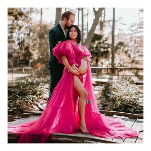 Fucshia Tulle Pregnancy Dresses Puff Short Sleeves Open Front With Waistband Long With Train Sexy Maternity Gown