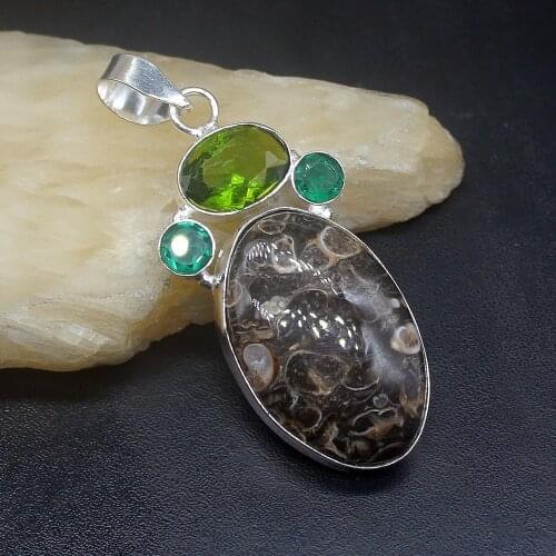 Gemstonefactory Jewelry Big Promotion 925 Silver Ammonite Jasper Green Peridot Topaz Women Ladies Gifts Necklace Pendant 1145