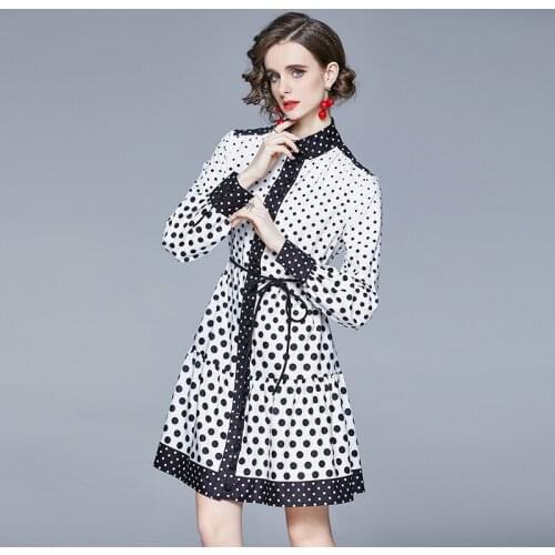 JSXDHK 2021 Fashion Spring Dot Shirt Dress High Quality Women Black White Wave Point Lantern Sleeve Loose Waist A Line Vestidos