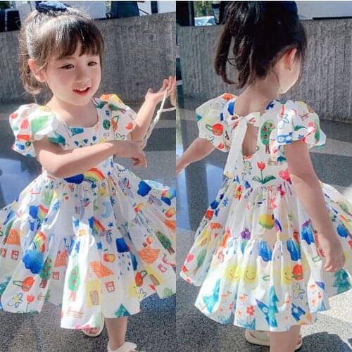 Summer Baby Girls Dresses Princess Cartoon Print Beach Party Costumes Puff Sleeves Dress Girl Cotton Birthday Beach Floral Dress
