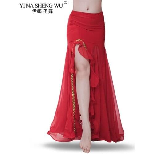 New Belly Dance Wrapped Skirt Gorgeous Double Tiered Double Color Skirt for Dance Performance Costume Long Split Skirt Women