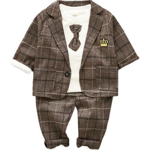 2020 New Spring Baby Boys Clothing Male Children Suits Kid Gentleman Tie Style Coats T Shirt Pants 3PCS/Sets Grid Infant Clothes