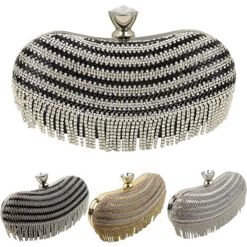 New Tassel Rhinestones Clutch Women Evening Bags Beaded Luxury Ladies Handbags Black/ Silver /Golden Vintage Evening Bag