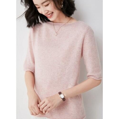 Spring and Autumn New Round Neck Pullover Bottoming Sweater Womens Half-Sleeved Wool Short Solid Color Top 60108