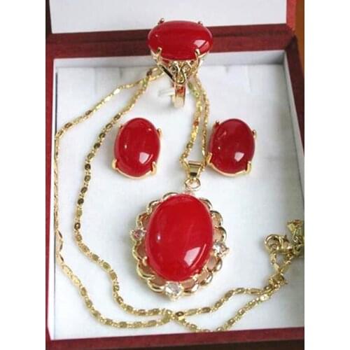 Natural Tiger Eye red jade pendant necklace earring ring set Size:6# 7# 8# 9