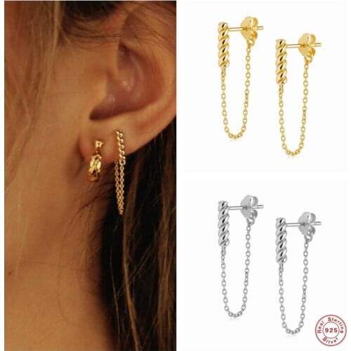 Aide 925 Sterling Silver Gold Long Chain Rope Stud Earrings Piercing Line Pendiente Luxury European Jewelry For Women Girls Gift