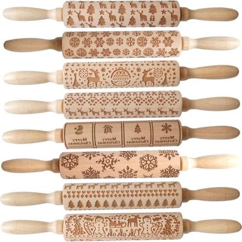 3D Engraved Embossing Rolling Pin Wooden Baking Roller Cookies Biscuit Fondant Cake Dough Engraved Rolling Pins Decorating Tools